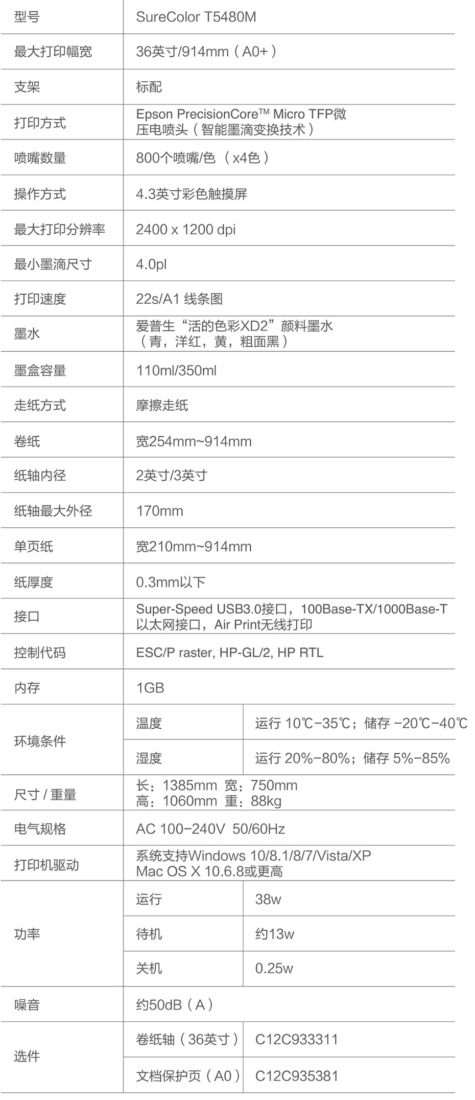 大幅面彩色喷墨打印机Epson-SureColor-T5480M产品参数